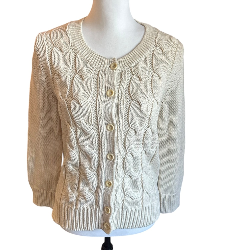Talbots Cardigan Women's Medium Cream Chunky Cable Knit 3/4 Sleeve Button Front